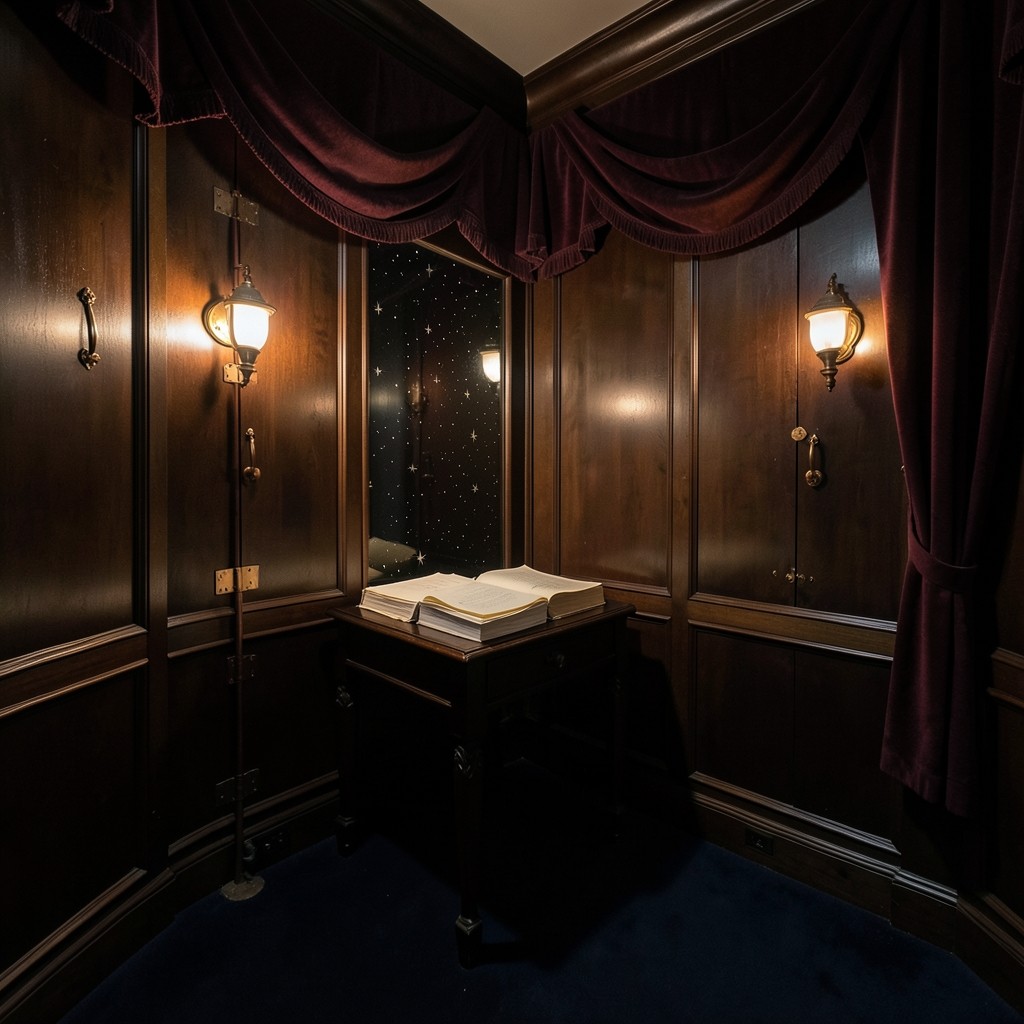 Interior of a small nocturnal study with dark wood, velvet drapery, and a smoked glass panel