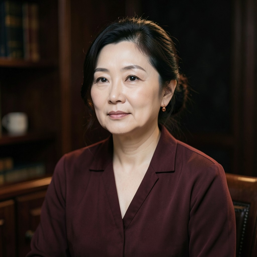 Portrait of a woman in her forties wearing a burgundy blouse, seated in a dim wood study