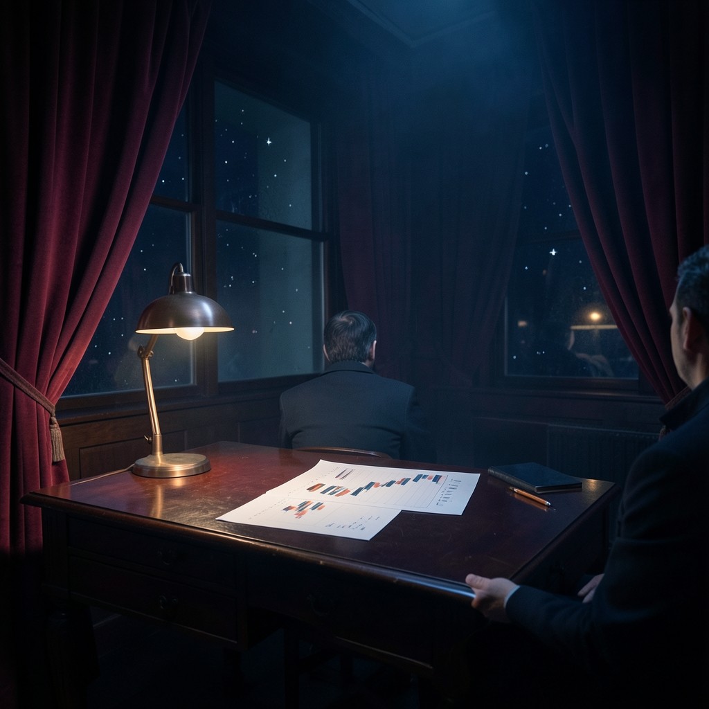 A dim wood study with velvet curtains, a copper lamp, and a large printed price chart on the desk