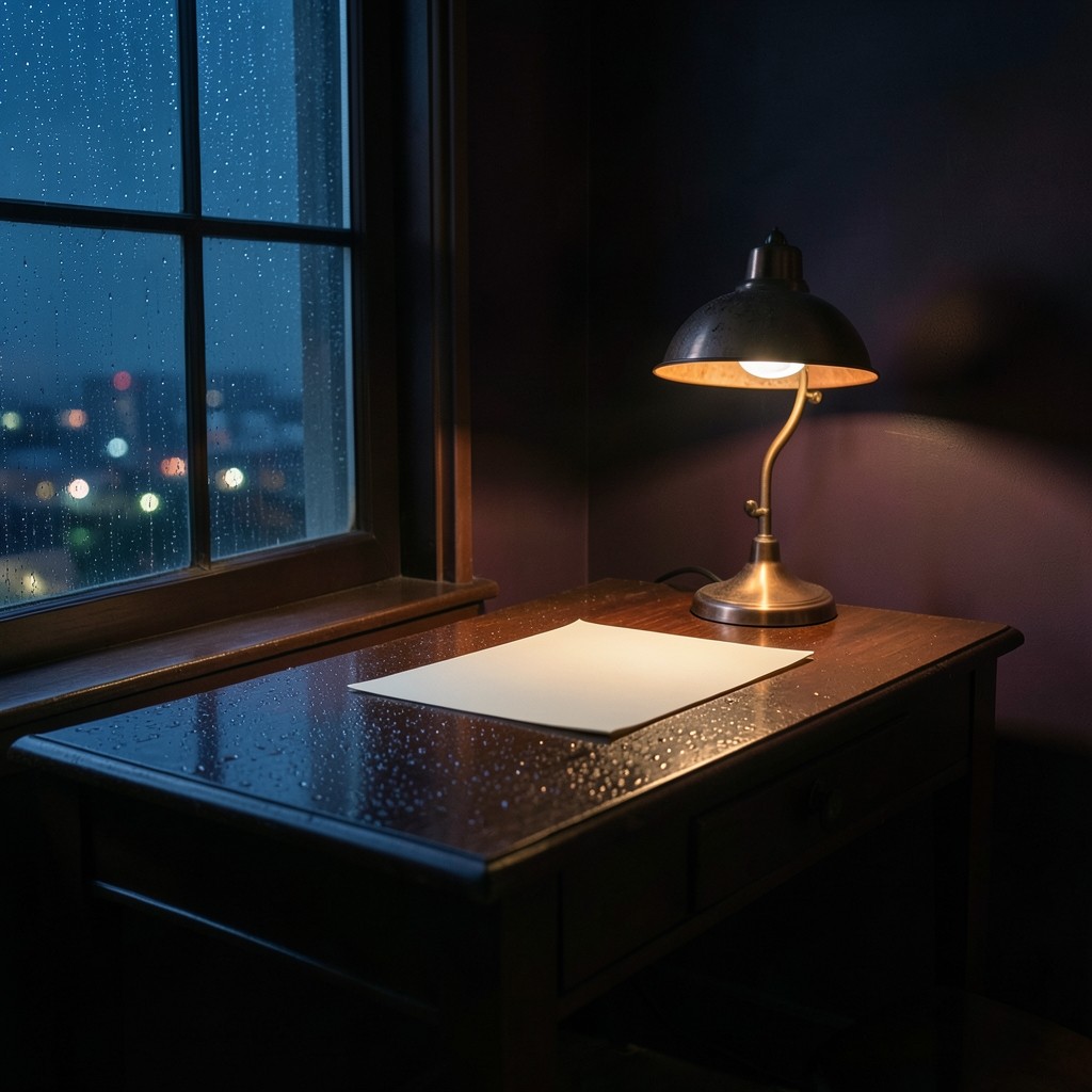 Night interior of an empty desk by a smoked window, with a blank sheet and a dim copper lamp