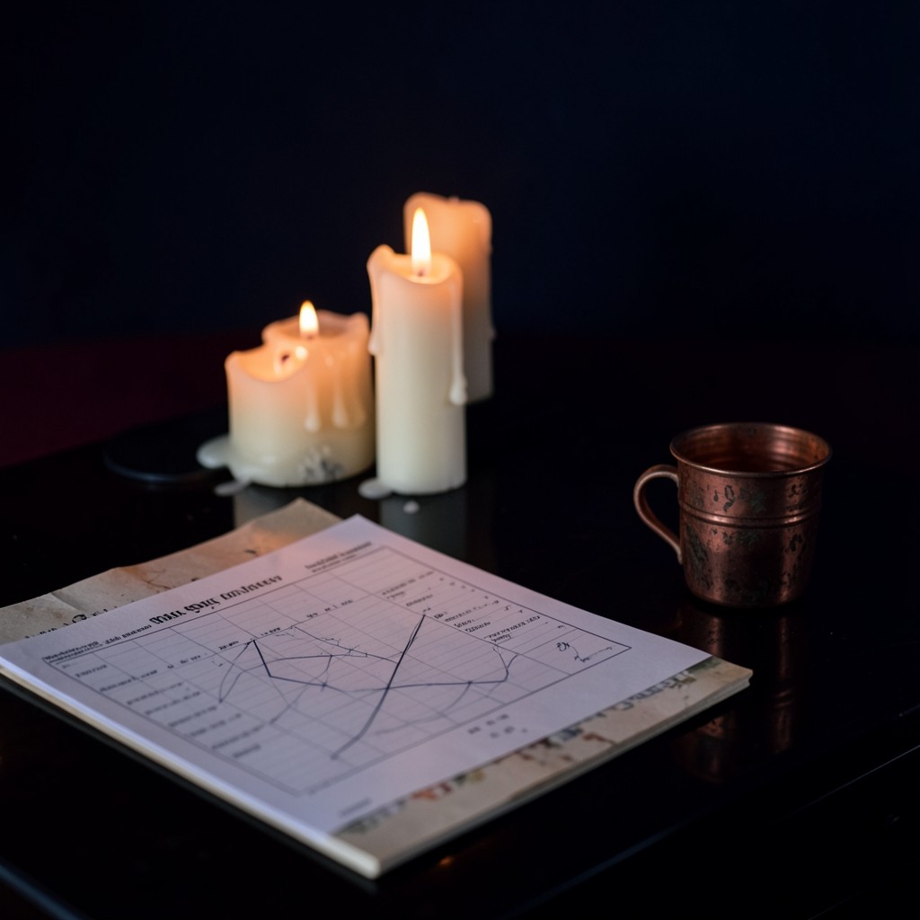 A folded chart sheet turned down beside an open paper chart and a small copper cup