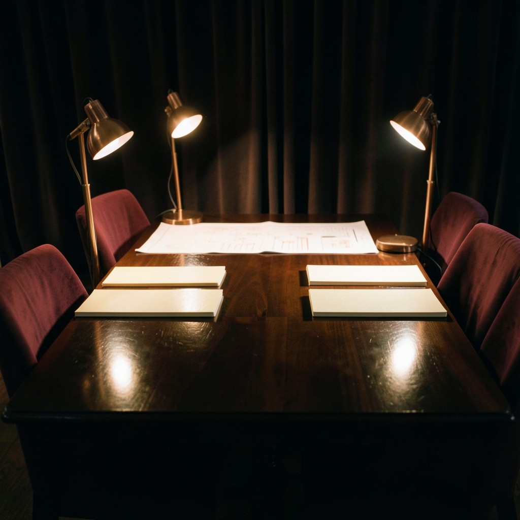 Evening view of a row of closed notebooks on a long wooden table in a dim study