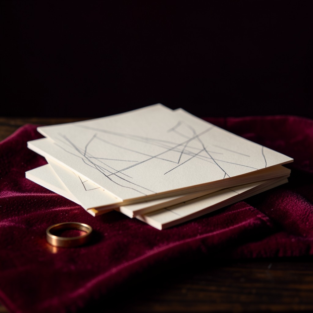 Still life of stacked chart sheets and a plain brass ring on burgundy velvet