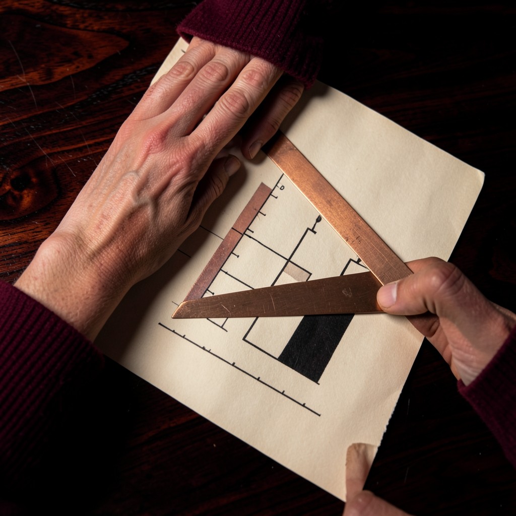 Hands aligning a copper straightedge on a printed candlestick chart