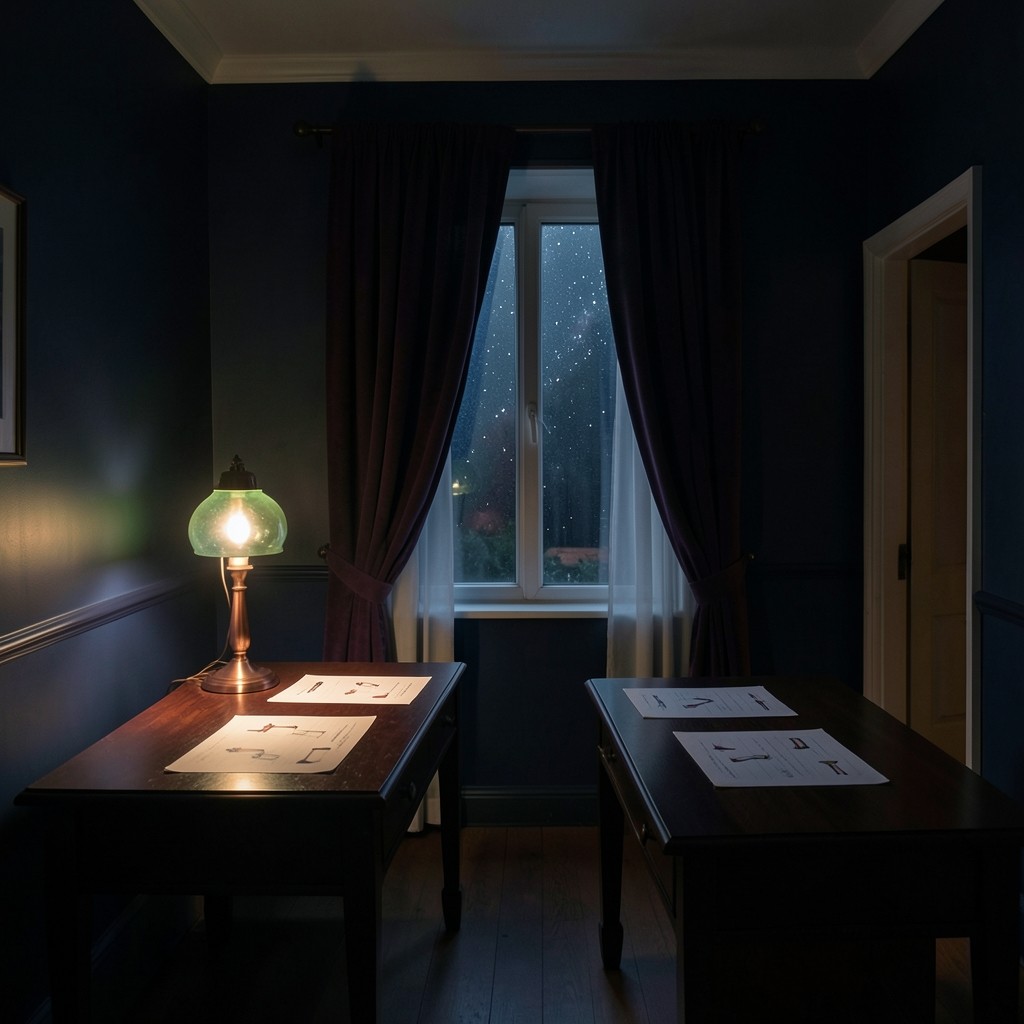 A dim study room with two empty wood desks, paper charts, and a low copper lamp