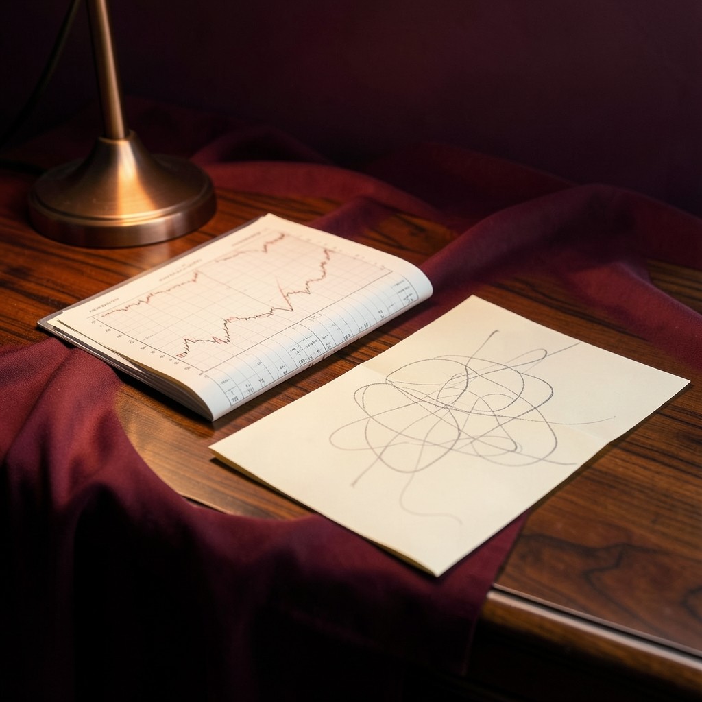 A printed chart beside a folded paper map on a lacquered desk under warm copper light