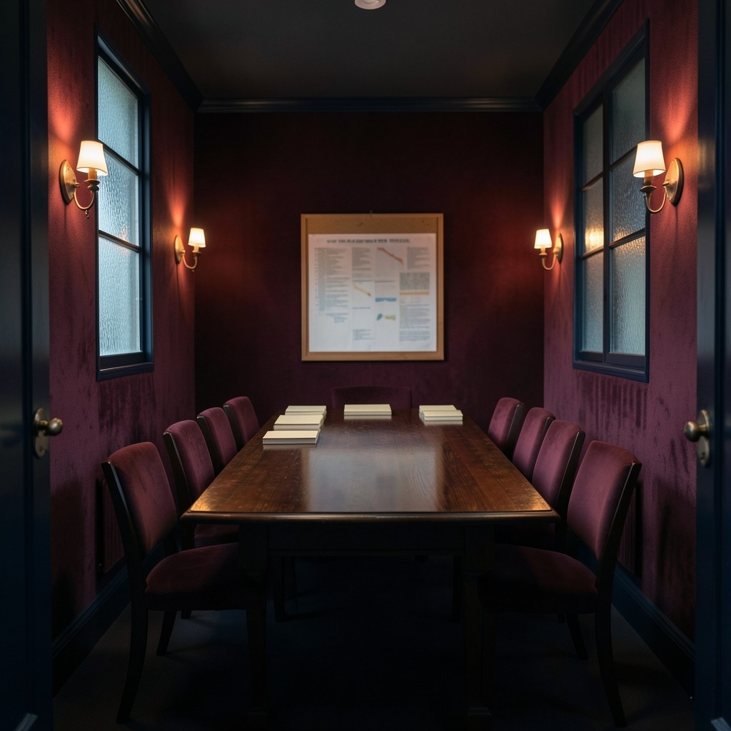 A long dark wood table set with notebooks and a single large chart pinned at the head of the room